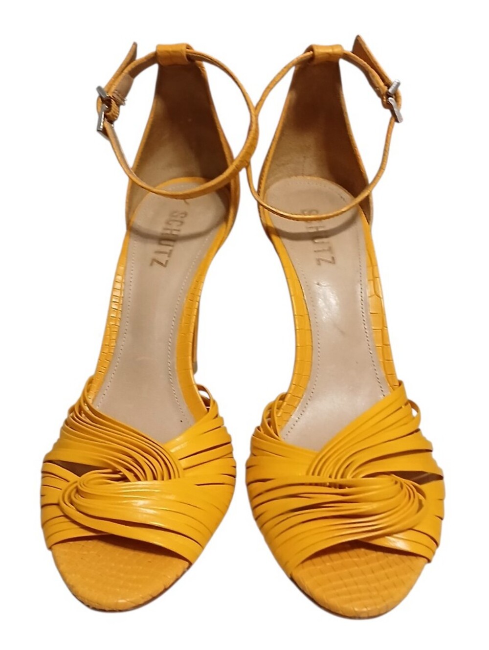 Schutz | Mary Gold Leather Croc Embossed Strappy Peeptoe Heeled Sandals Size 10 - Picture 2 of 13